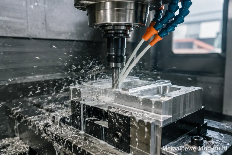 Cnc-freesmachine bewerkt een aluminium onderdeel