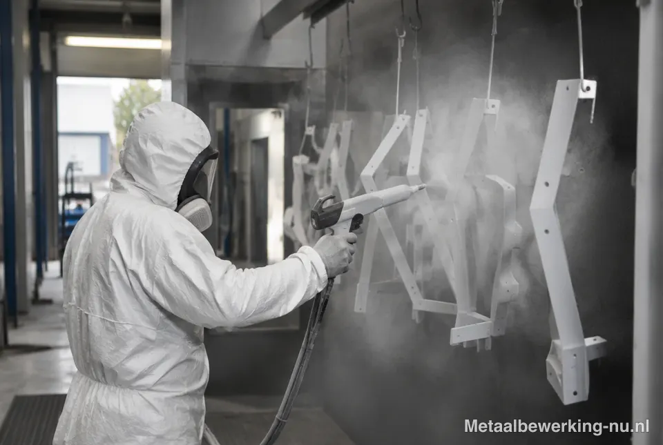 Metalen onderdelen worden gepoedercoat in een spuitcabine