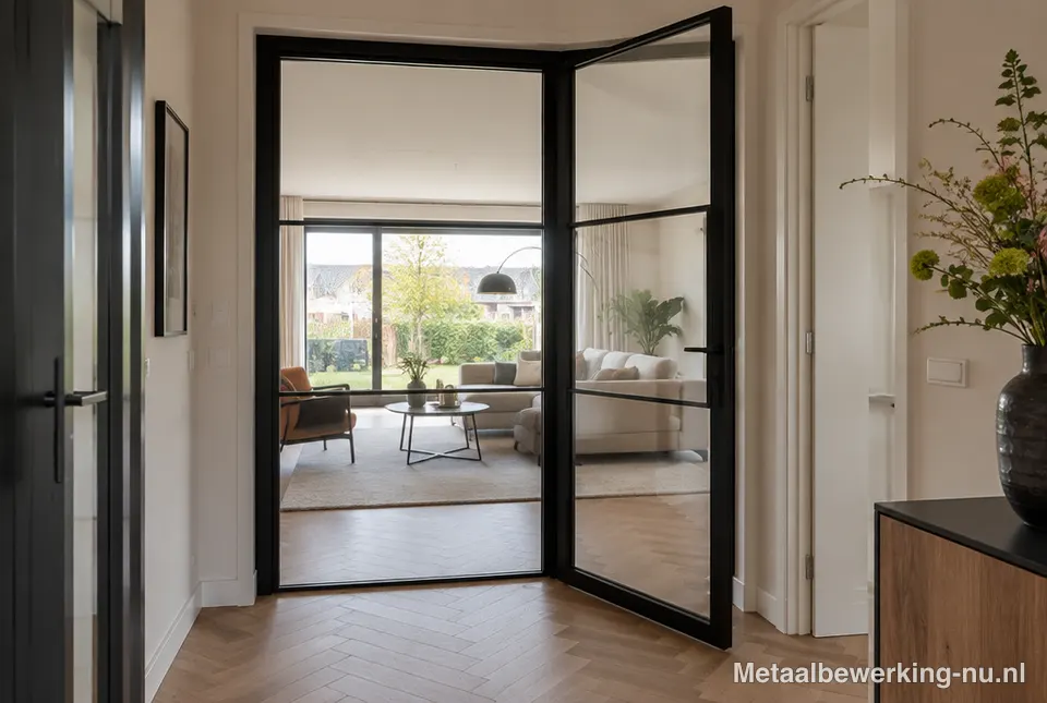 Zwarte stalen taatsdeur met glas in een woonkamer